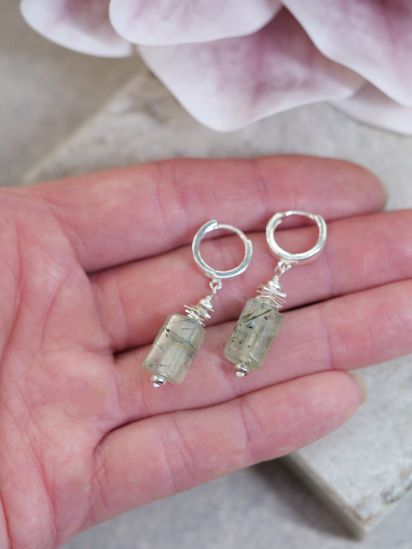 Prehnite Huggie Dangle Natural Gemstone Sterling Silver Earrings, Genuine Top Grade Gift Jewelry, Women Fashion Jewellery