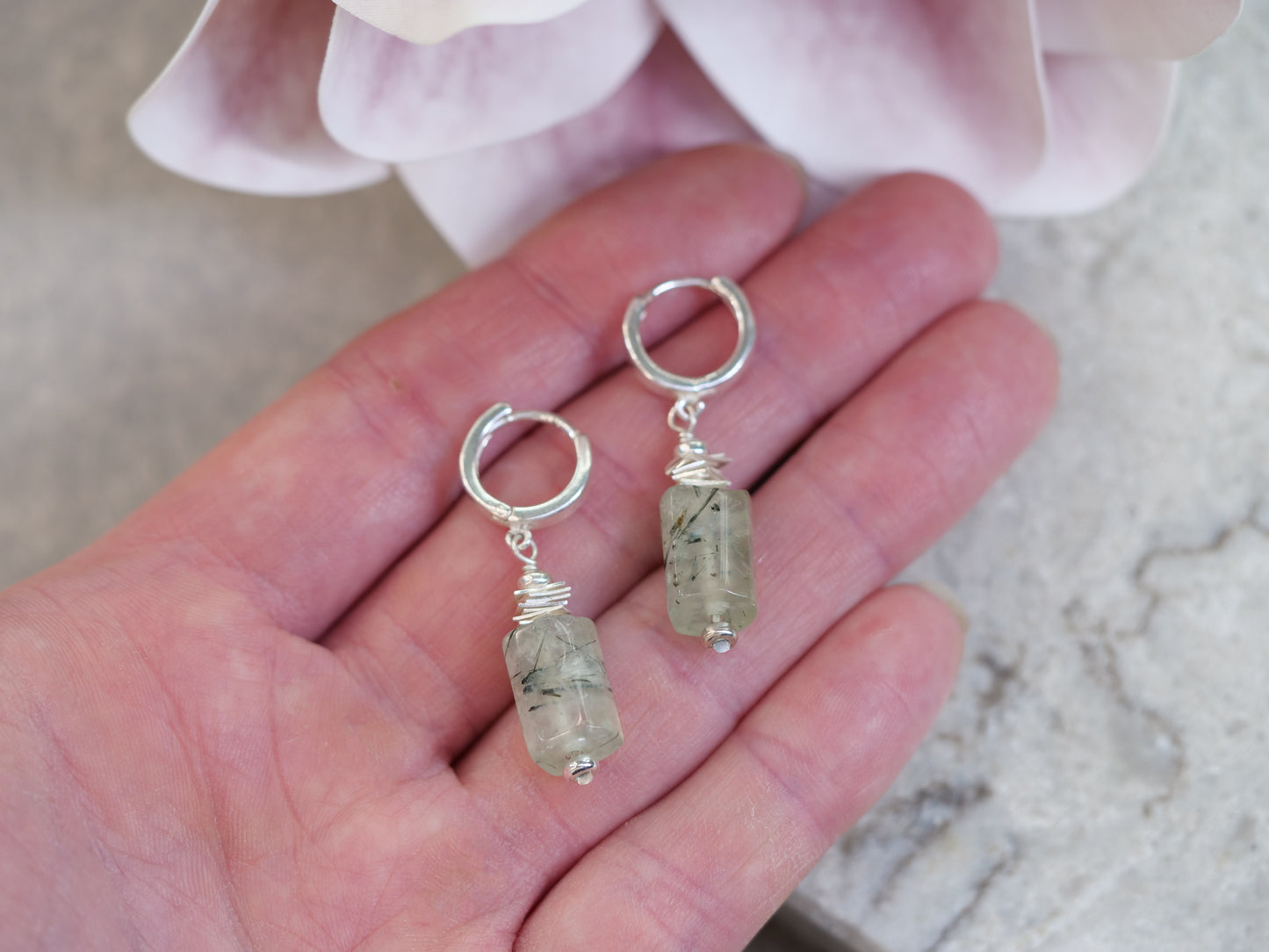 Prehnite Huggie Dangle Natural Gemstone Sterling Silver Earrings, Genuine Top Grade Gift Jewelry, Women Fashion Jewellery