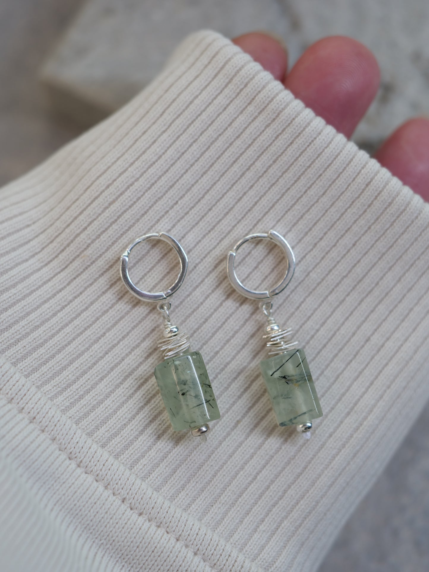 Prehnite Huggie Dangle Natural Gemstone Sterling Silver Earrings, Genuine Top Grade Gift Jewelry, Women Fashion Jewellery