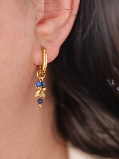 Lapis Lazuli Hematite Huggie Dangle Natural Gemstone PVD Gold Plated Gold Filled Earrings, Genuine Top Grade Gift Jewelry, Women Fashion Jewellery