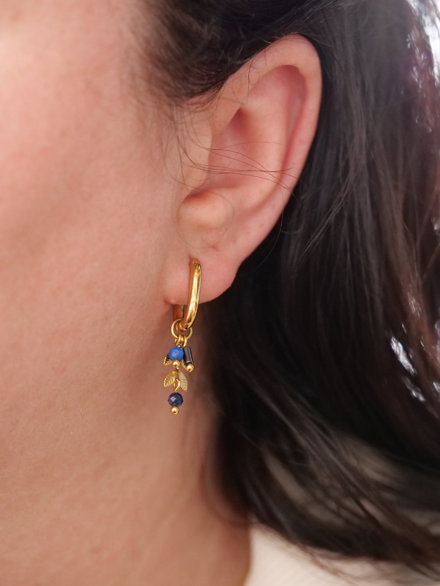 Lapis Lazuli Hematite Huggie Dangle Natural Gemstone PVD Gold Plated Gold Filled Earrings, Genuine Top Grade Gift Jewelry, Women Fashion Jewellery