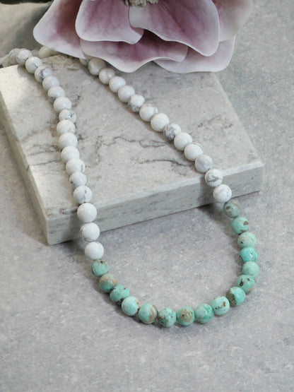 Howlite Turquoise 8mm Beaded Natural Gemstone Sterling Silver Necklace, Genuine Top Grade Gift Jewelry, Women Fashion Crystal Jewellery