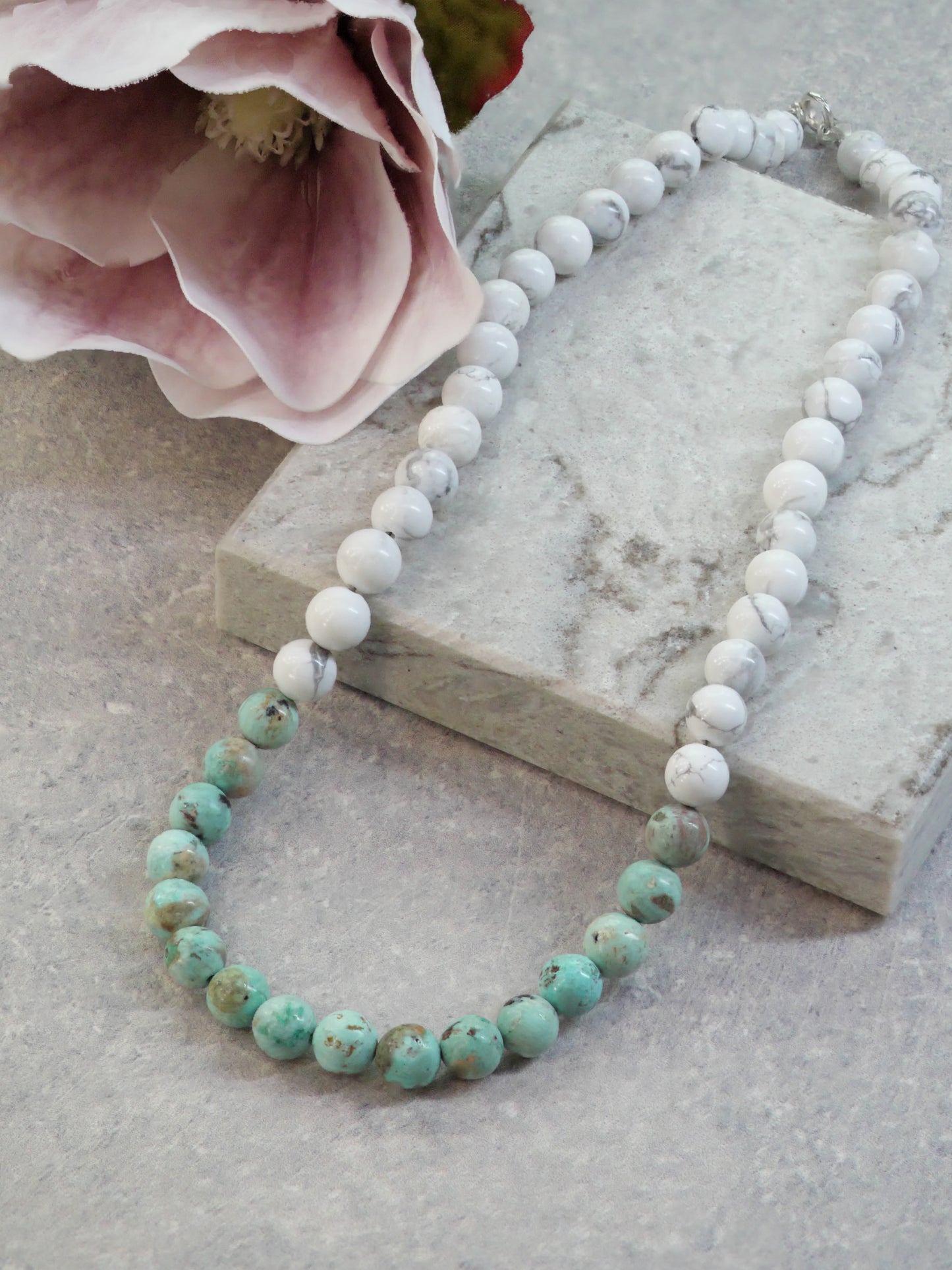 Howlite Turquoise 8mm Beaded Natural Gemstone Sterling Silver Necklace, Genuine Top Grade Gift Jewelry, Women Fashion Crystal Jewellery