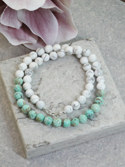 Howlite Turquoise 8mm Beaded Natural Gemstone Sterling Silver Necklace, Genuine Top Grade Gift Jewelry, Women Fashion Crystal Jewellery