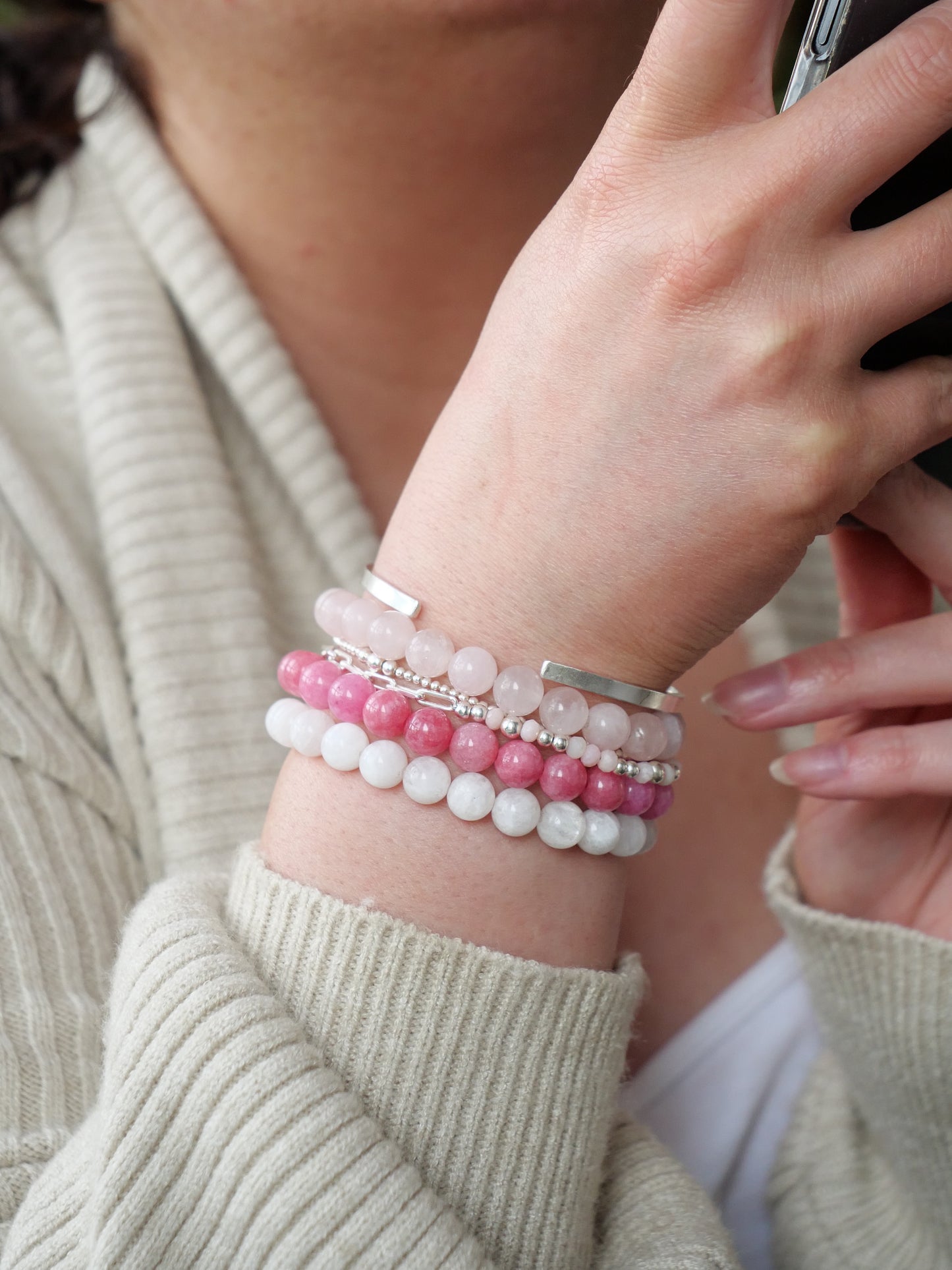 Rose Quartz 8mm Beaded Natural Gemstone Elastic Bracelet, Genuine Top Grade Gift Jewelry, Men Women Fashion Crystal Energy Jewellery