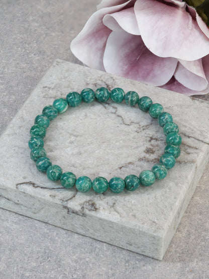 Green Amazonite 8mm Beaded Natural Gemstone Elastic Bracelet, Genuine Top Grade Gift Jewelry, Men Women Fashion Crystal Energy Jewellery