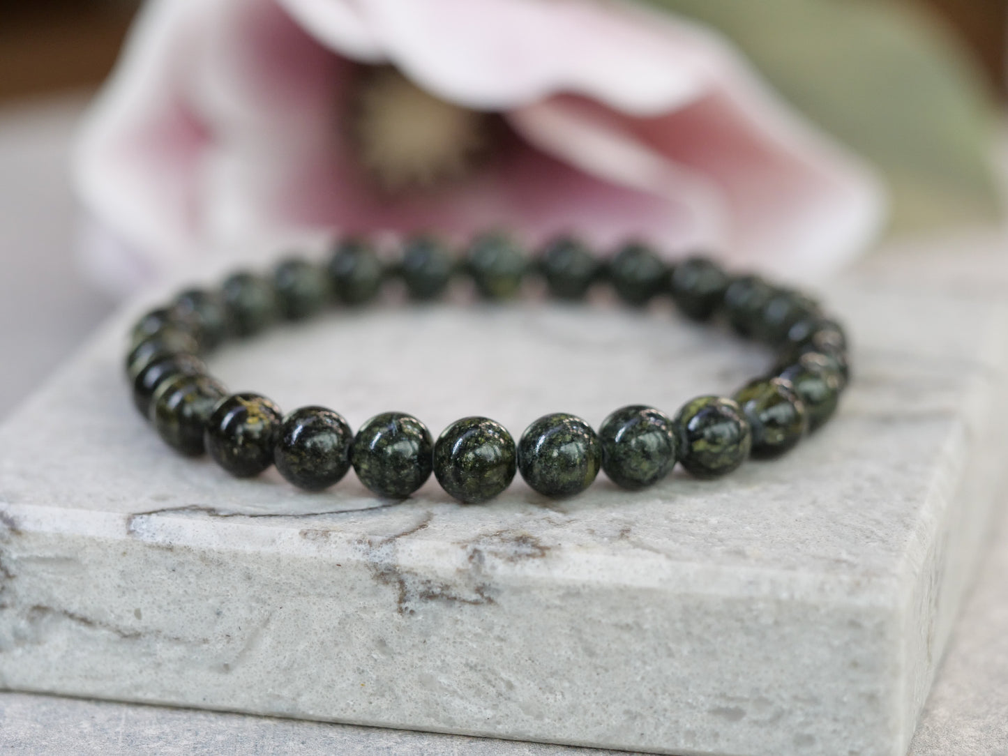 Serpentine 8mm Beaded Natural Gemstone Elastic Bracelet, Genuine Top Grade Gift Jewelry, Men Women Fashion Crystal Energy Jewellery