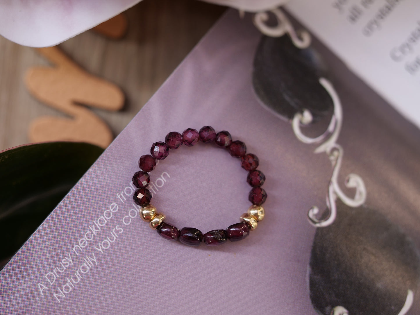 Almandine Garnet 3mm Beaded Natural Gemstone Sterling Silver/14ct Gold Filled Elastic Ring, Genuine Top Grade Gift Jewelry, Women Fashion Jewellery