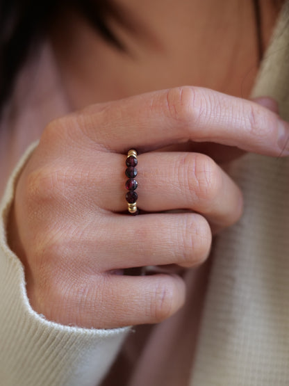 Almandine Garnet 3mm Beaded Natural Gemstone Sterling Silver/14ct Gold Filled Elastic Ring, Genuine Top Grade Gift Jewelry, Women Fashion Jewellery