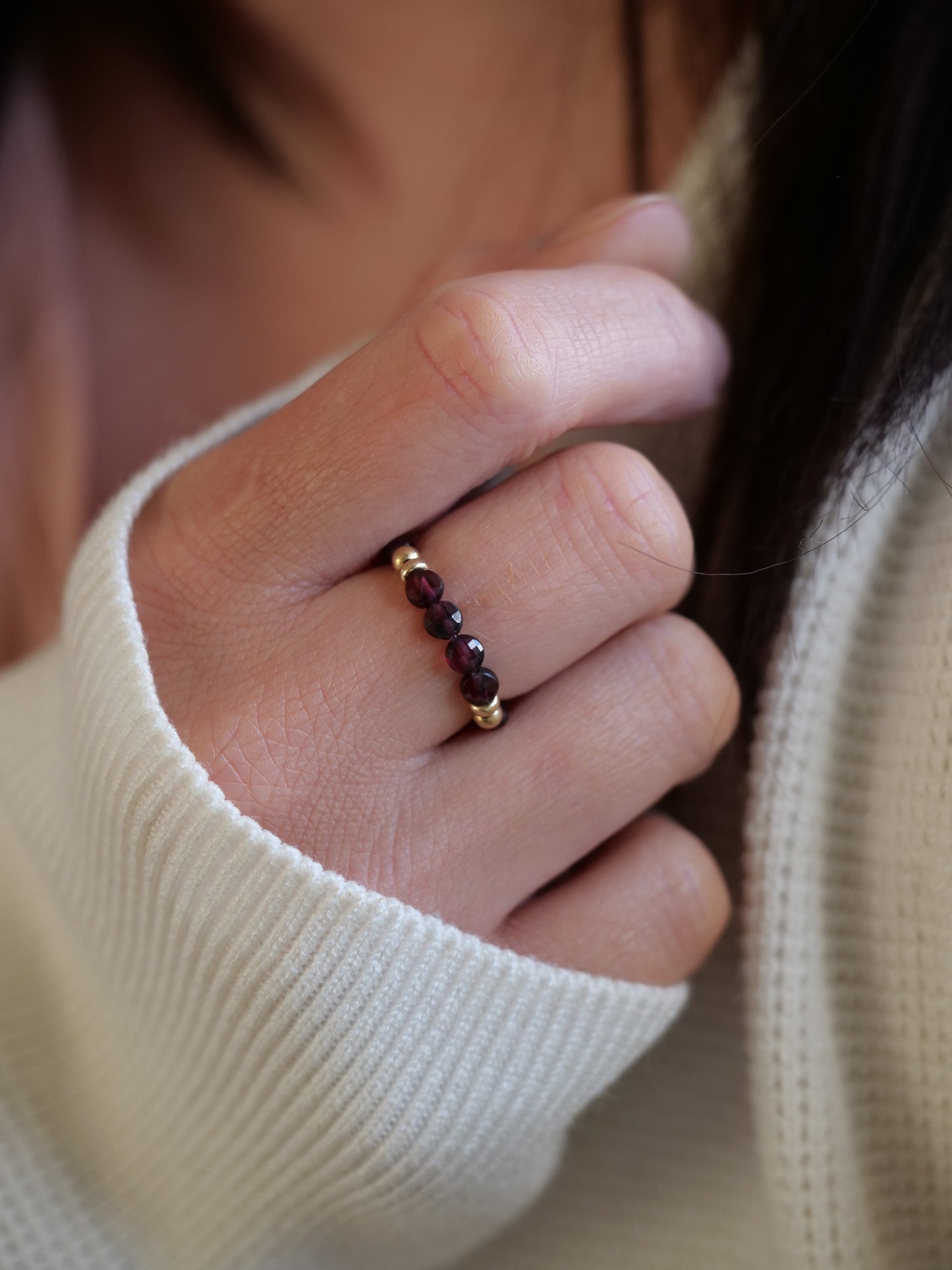 Almandine Garnet 3mm Beaded Natural Gemstone Sterling Silver/14ct Gold Filled Elastic Ring, Genuine Top Grade Gift Jewelry, Women Fashion Jewellery