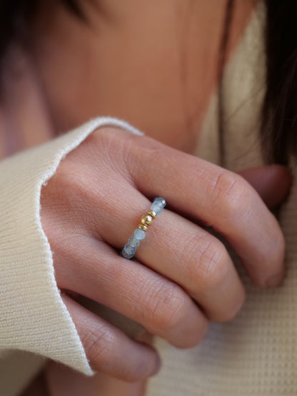 Aquamarine 3mm Beaded Natural Gemstone Sterling Silver/14ct Gold Filled Elastic Ring, Genuine Top Grade Gift Jewelry, Women Fashion Jewellery