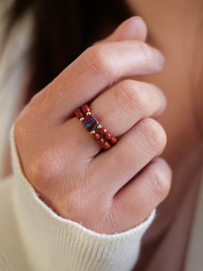 Red Jasper 3mm Double Beaded Natural Gemstone Sterling Silver/14ct Gold Filled Elastic Ring, Genuine Top Grade Gift Jewelry, Women Fashion Jewellery