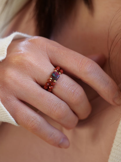 Red Jasper 3mm Double Beaded Natural Gemstone Sterling Silver/14ct Gold Filled Elastic Ring, Genuine Top Grade Gift Jewelry, Women Fashion Jewellery