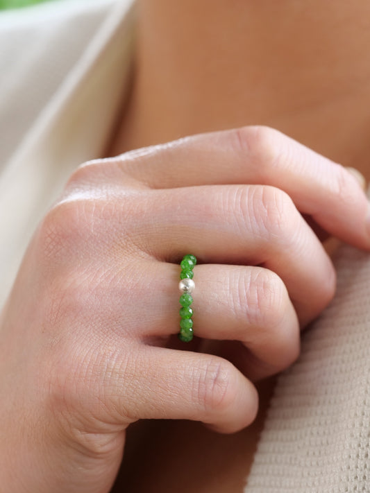 Chrome Diopside 3mm Beaded Natural Gemstone Sterling Silver/14ct Gold Filled Elastic Ring, Genuine Top Grade Gift Jewelry, Women Jewellery