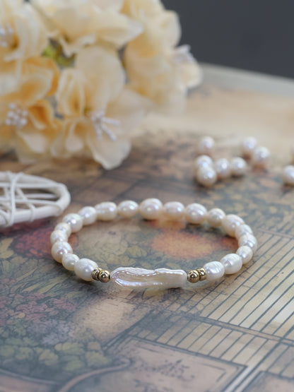 Freshwater Pearl Beaded Natural Gemstone Sterling Silver/14ct Gold Filled Elastic Bracelet, Genuine Top Grade Gift Jewelry, Women Fashion Jewellery