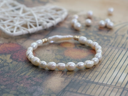 Freshwater Pearl Beaded Natural Gemstone Sterling Silver/14ct Gold Filled Elastic Bracelet, Genuine Top Grade Gift Jewelry, Women Fashion Jewellery