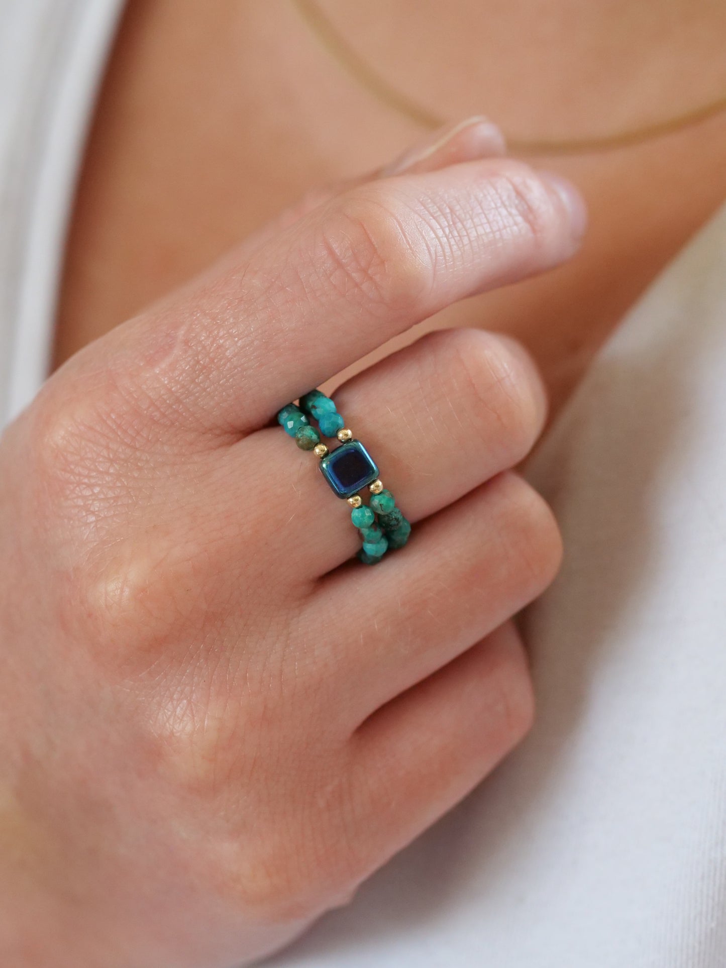 Chrysocolla 3mm Double Beaded Natural Gemstone Sterling Silver/14ct Gold Filled Elastic Ring, Genuine Top Grade Gift Jewelry,Women Jewellery