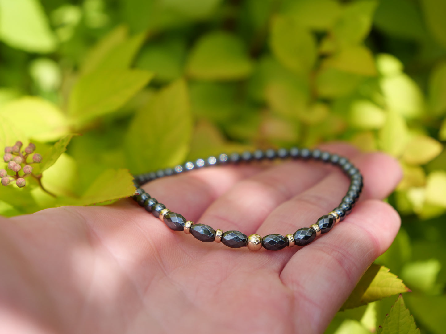 Hematite 3mm Beaded Natural Gemstone Sterling Silver/14ct Gold Filled Elastic Bracelet, Genuine Top Grade Gift Jewelry, Women Fashion Jewellery