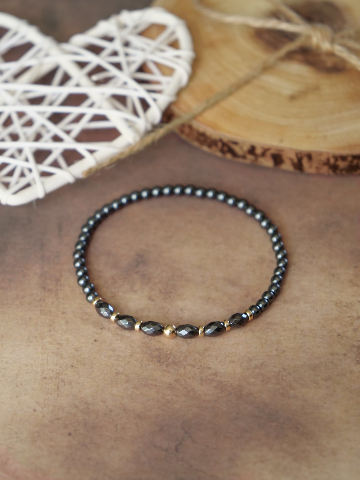 Hematite 3mm Beaded Natural Gemstone Sterling Silver/14ct Gold Filled Elastic Bracelet, Genuine Top Grade Gift Jewelry, Women Fashion Jewellery