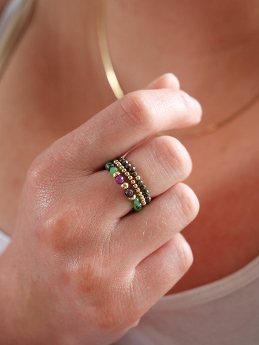 Ruby Zoisite 3mm Pyrite Beaded Natural Gemstone Sterling Silver/14ct Gold Filled Elastic Ring,Genuine Top Grade Gift Jewelry,Women Jewellery