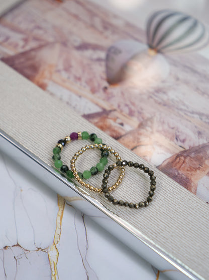 Ruby Zoisite 3mm Pyrite Beaded Natural Gemstone Sterling Silver/14ct Gold Filled Elastic Ring,Genuine Top Grade Gift Jewelry,Women Jewellery