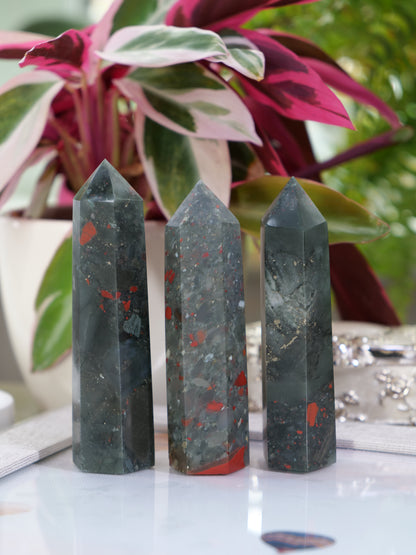 Bloodstone 3.9-inch Natural Energy Crystal Tower Point Mineral Gemstone, Home Decoration Obelisk Gift Meditation Wand Gem