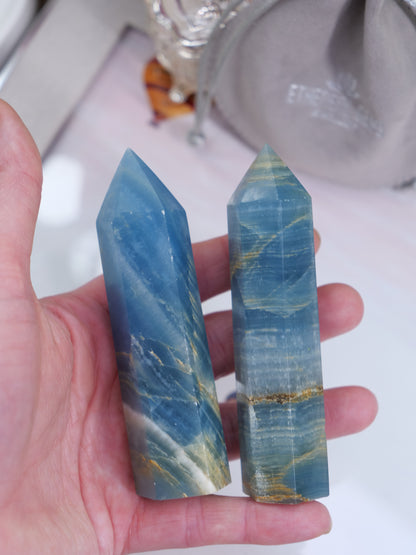 Lemurian Aquatine Calcite 3.9-inch Natural Energy Crystal Tower Point Mineral Gemstone, Home Decoration Obelisk Gift Meditation Wand Gem