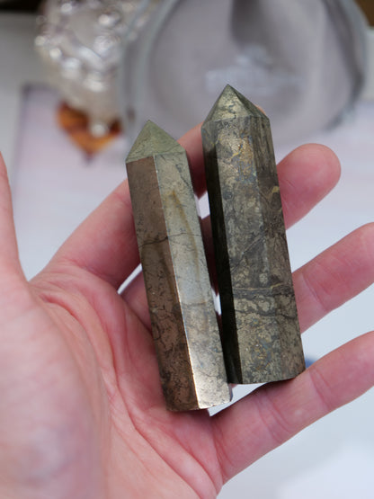 Pyrite 3-inch Natural Energy Crystal Tower Point Mineral Gemstone, Home Decoration Obelisk Gift Meditation Wand Gem