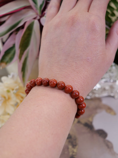 Red Jasper 8mm Beaded Natural Gemstone Elastic Bracelet, Genuine Top Grade Gift Jewelry, Men Women Fashion Crystal Energy Jewellery