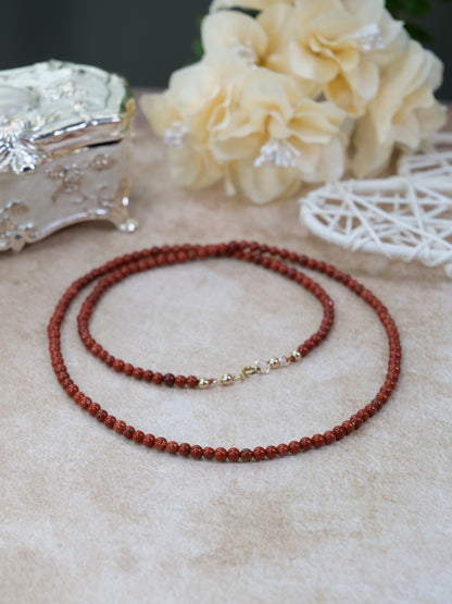 Red Jasper 3mm Beaded Natural Gemstone 14ct Gold Filled Necklace, Genuine Top Grade Gift Jewelry, Women Fashion Crystal Energy Jewellery