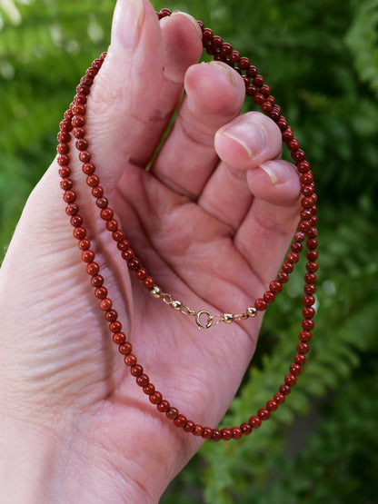 Red Jasper 3mm Beaded Natural Gemstone 14ct Gold Filled Necklace, Genuine Top Grade Gift Jewelry, Women Fashion Crystal Energy Jewellery