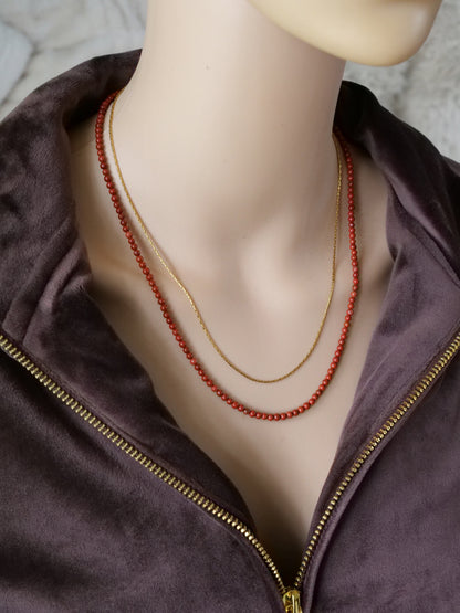 Red Jasper 3mm Beaded Natural Gemstone 14ct Gold Filled Necklace, Genuine Top Grade Gift Jewelry, Women Fashion Crystal Energy Jewellery