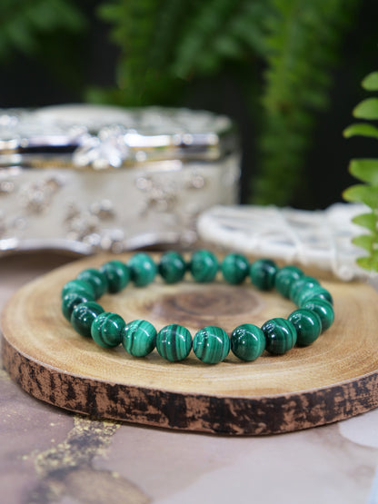 Malachite 8mm Beaded Natural Gemstone Elastic Bracelet, Genuine Top Grade Gift Jewelry, Men Women Fashion Crystal Energy Jewellery