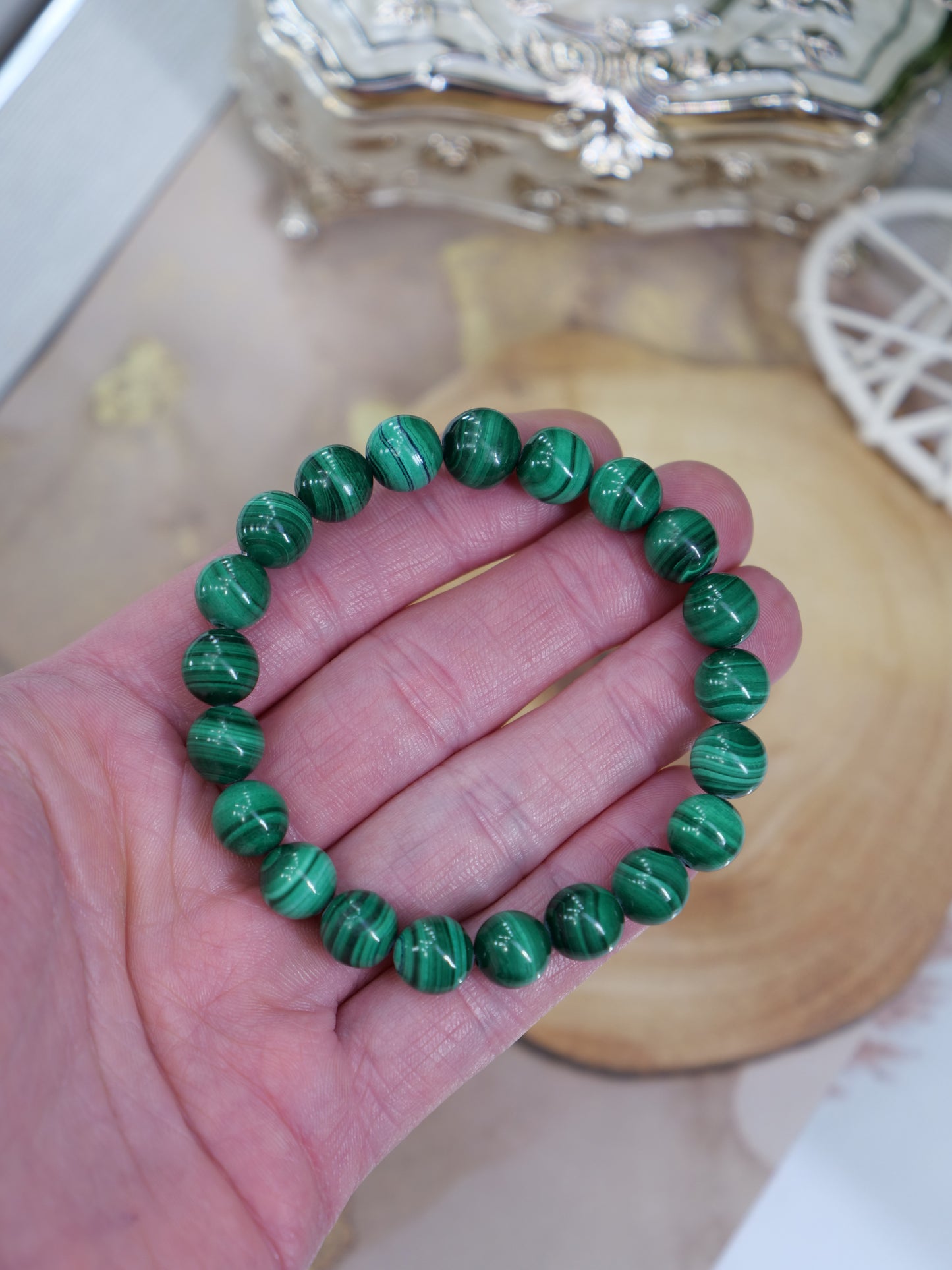 Malachite 8mm Beaded Natural Gemstone Elastic Bracelet, Genuine Top Grade Gift Jewelry, Men Women Fashion Crystal Energy Jewellery