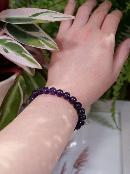 Purple Amethyst 8mm Beaded Natural Gemstone Elastic Bracelet, Genuine Top Grade Gift Jewelry, Men Women Fashion Crystal Energy Jewellery