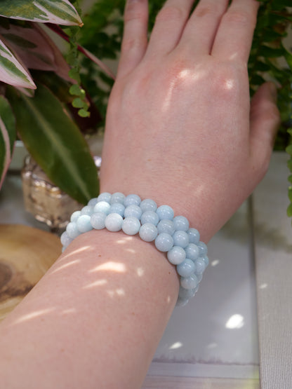 Aquamarine 8mm Beaded Natural Gemstone Elastic Bracelet, Genuine Top Grade Gift Jewelry, Men Women Fashion Crystal Energy Jewellery