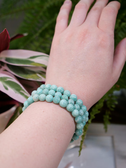 Amazonite 8mm Beaded Natural Gemstone Elastic Bracelet, Genuine Top Grade Gift Jewelry, Men Women Fashion Crystal Energy Jewellery