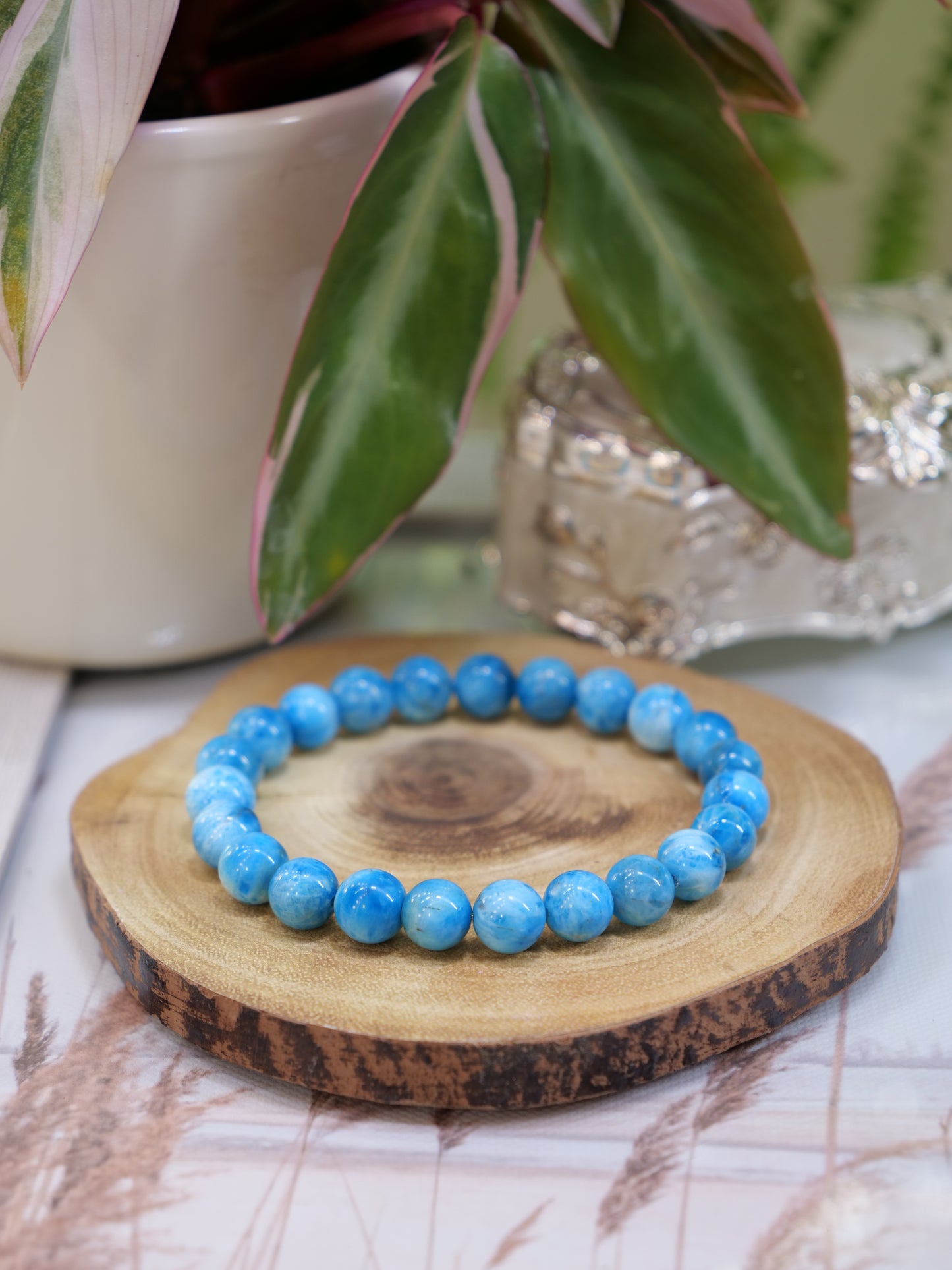 Blue Apatite 8mm Beaded Natural Gemstone Elastic Bracelet, Genuine Top Grade Gift Jewelry, Men Women Fashion Crystal Energy Jewellery