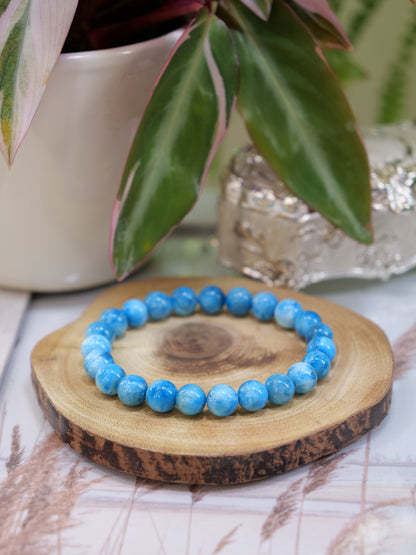 Blue Apatite 8mm Beaded Natural Gemstone Elastic Bracelet, Genuine Top Grade Gift Jewelry, Men Women Fashion Crystal Energy Jewellery