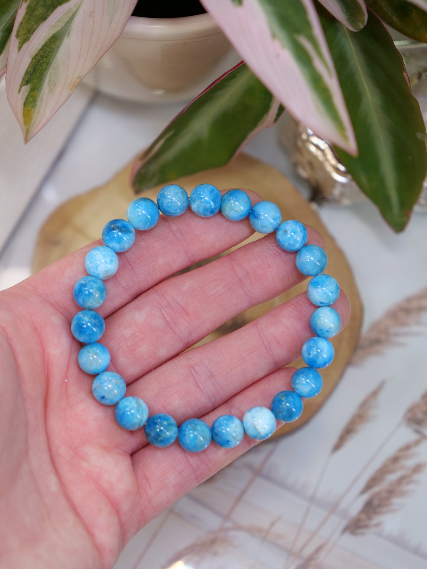 Blue Apatite 8mm Beaded Natural Gemstone Elastic Bracelet, Genuine Top Grade Gift Jewelry, Men Women Fashion Crystal Energy Jewellery