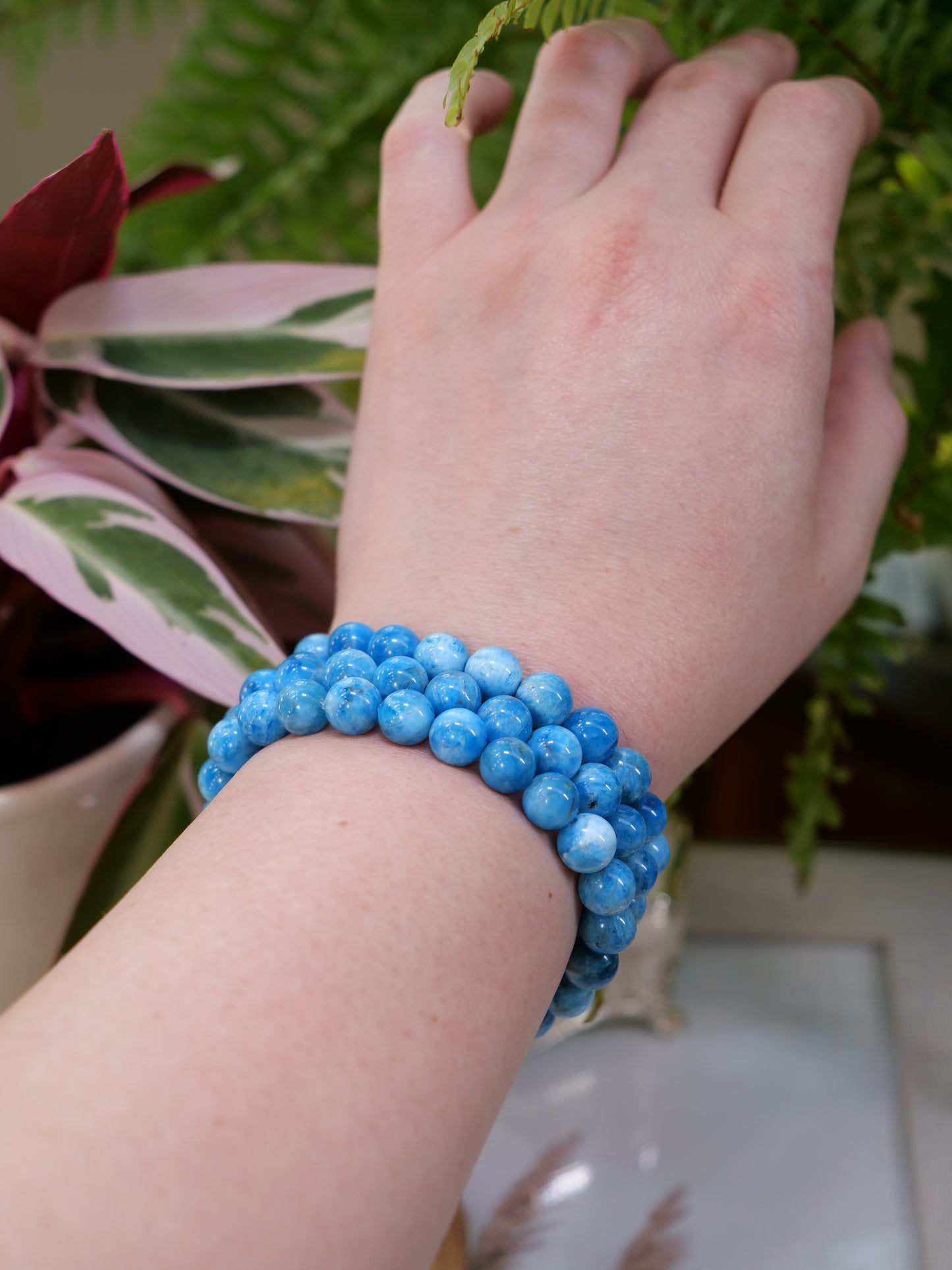 Blue Apatite 8mm Beaded Natural Gemstone Elastic Bracelet, Genuine Top Grade Gift Jewelry, Men Women Fashion Crystal Energy Jewellery