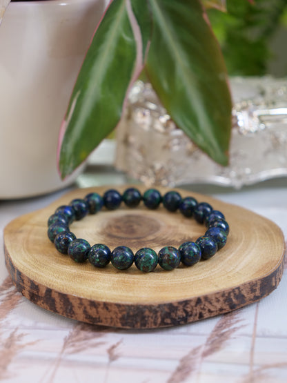 Azurite 8mm Beaded Natural Gemstone Elastic Bracelet, Genuine Top Grade Gift Jewelry, Men Women Fashion Crystal Energy Jewellery