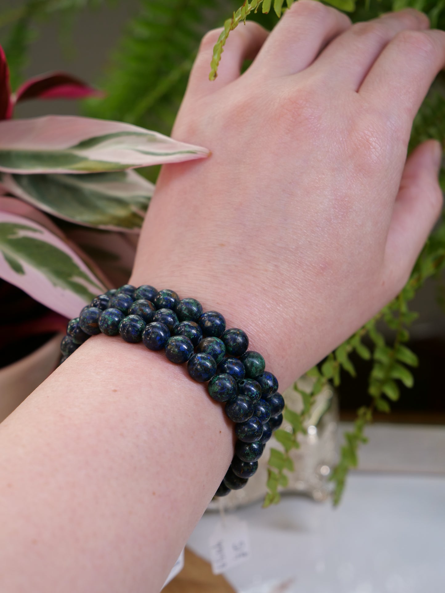 Azurite 8mm Beaded Natural Gemstone Elastic Bracelet, Genuine Top Grade Gift Jewelry, Men Women Fashion Crystal Energy Jewellery