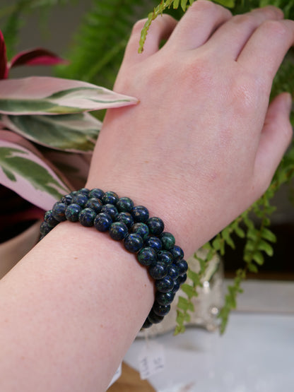 Azurite 8mm Beaded Natural Gemstone Elastic Bracelet, Genuine Top Grade Gift Jewelry, Men Women Fashion Crystal Energy Jewellery