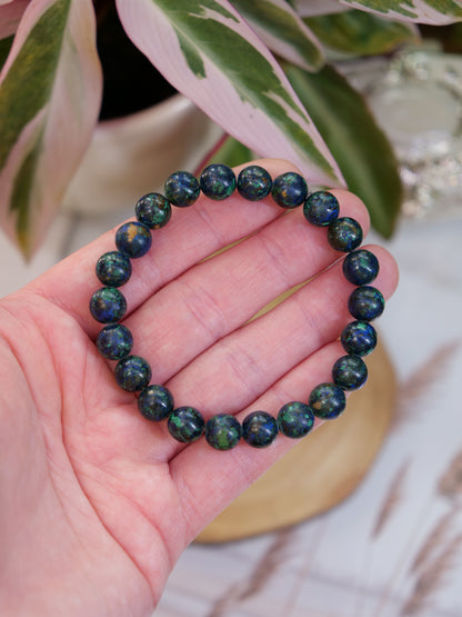 Azurite 8mm Beaded Natural Gemstone Elastic Bracelet, Genuine Top Grade Gift Jewelry, Men Women Fashion Crystal Energy Jewellery