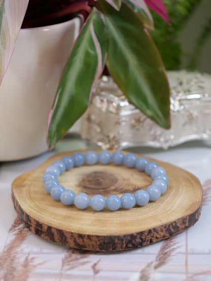 Blue Angelite 8mm Beaded Natural Gemstone Elastic Bracelet, Genuine Top Grade Gift Jewelry, Men Women Fashion Crystal Energy Jewellery