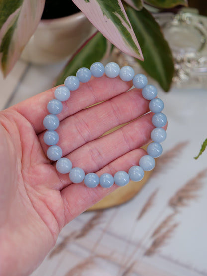 Blue Angelite 8mm Beaded Natural Gemstone Elastic Bracelet, Genuine Top Grade Gift Jewelry, Men Women Fashion Crystal Energy Jewellery