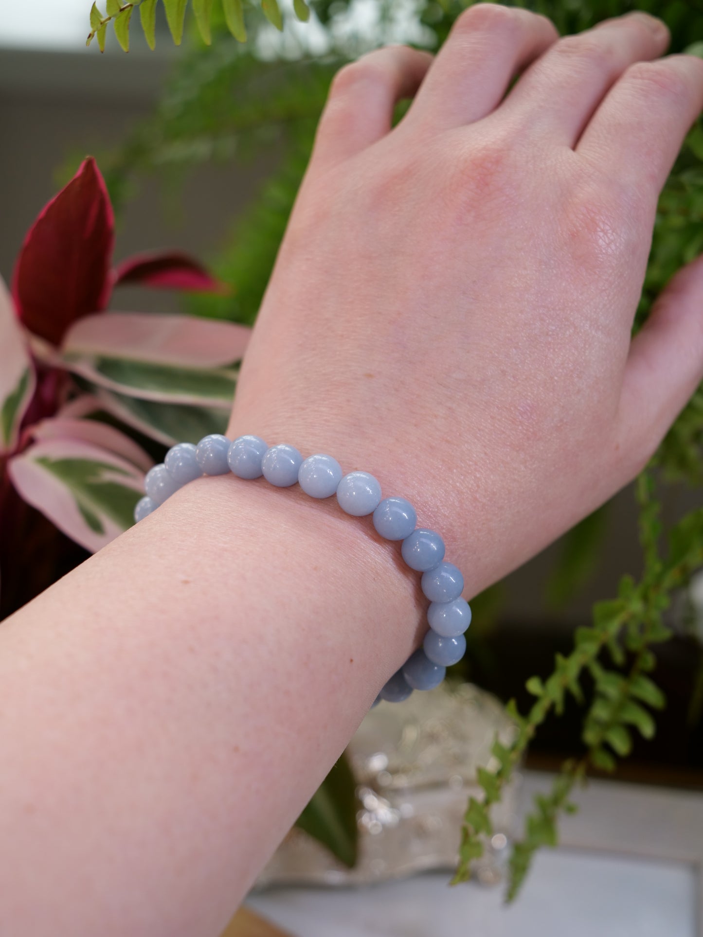 Blue Angelite 8mm Beaded Natural Gemstone Elastic Bracelet, Genuine Top Grade Gift Jewelry, Men Women Fashion Crystal Energy Jewellery