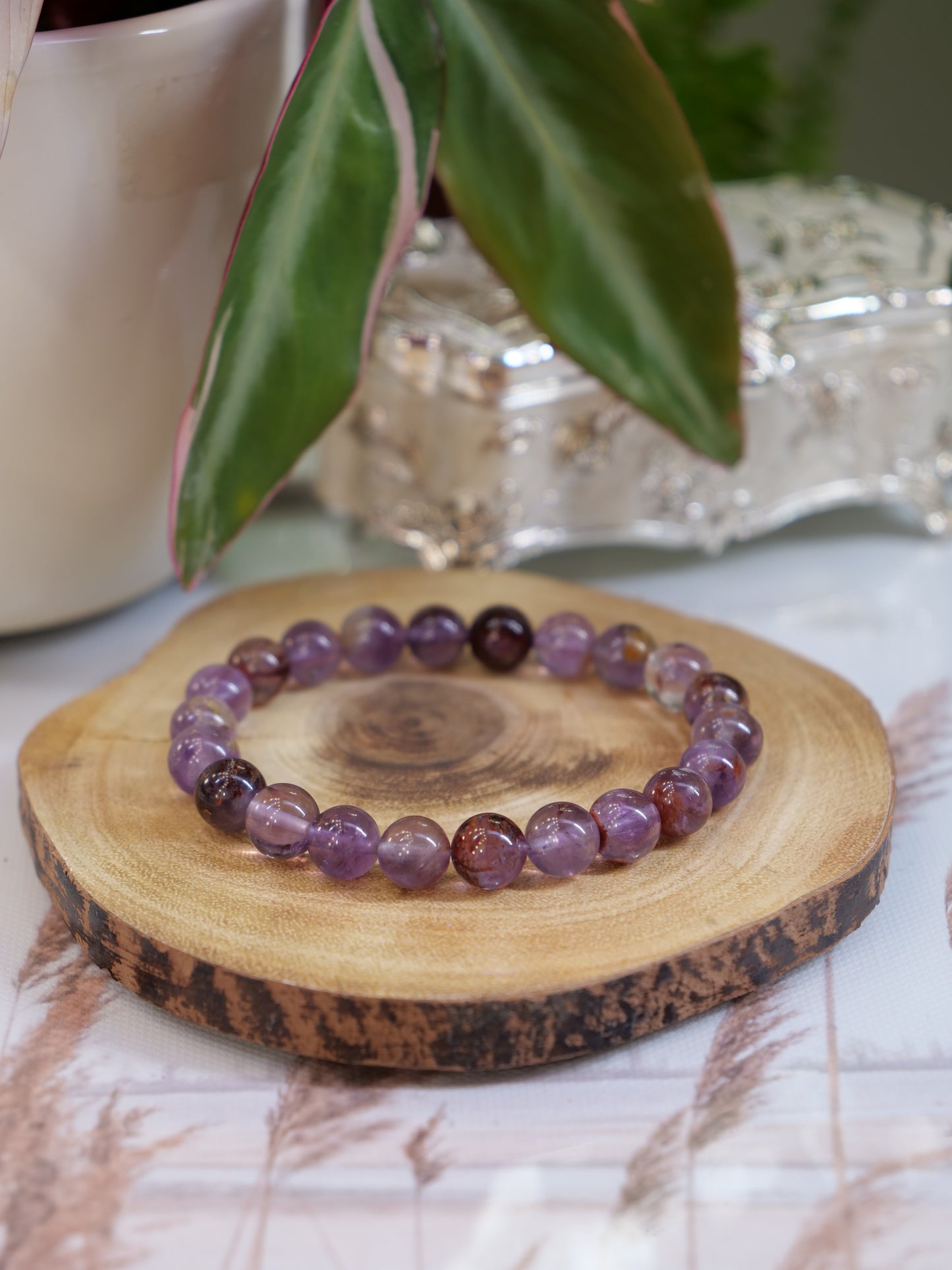 Auralite 23 8mm Beaded Natural Gemstone Elastic Bracelet, Genuine Top Grade Gift Jewelry, Men Women Fashion Crystal Energy Jewellery