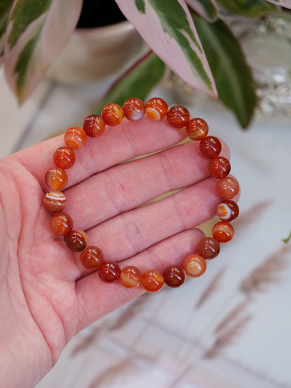 Red Banded 8mm Beaded Natural Gemstone Elastic Bracelet, Genuine Top Grade Gift Jewelry, Men Women Fashion Crystal Energy Jewellery